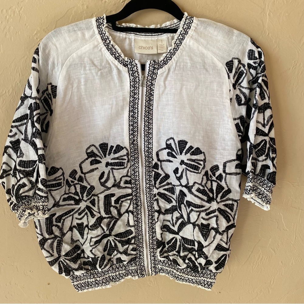 Chicos White Black Linen Embroidered Floral Jacket Zip-up Elbow Sleeves medium